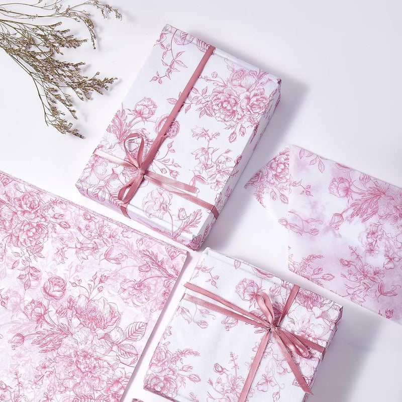 EROMAP 120 Sheets Pink Floral Tissue Paper Chinoiserie Gift Wrapping Paper Vintage Pink White Flowers Packaging Patterned Bulk for Baby Shower Wedding Birthday Party Decor, 14 x 20 Inch - Image 4